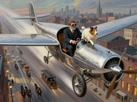 Man and Dog Flying Vintage Airplane Over Cityscape