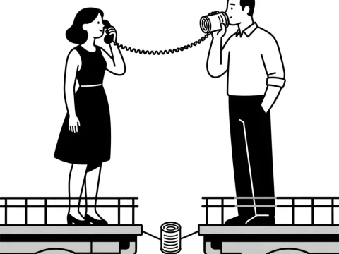 Man and Woman Communicating with Tin Can Telephone Across Bridge