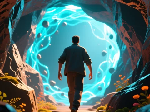 Man Approaching a Glowing Portal in a Cave
