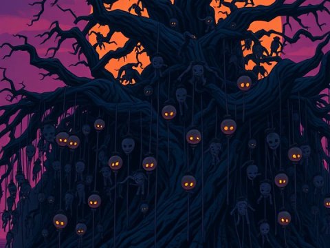 Man Approaching a Haunted Tree with Glowing Faces at Dusk