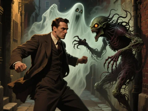 Man Confronting Eldritch Monster and Ghost in Dark Alley