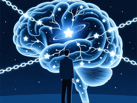 Man Contemplating a Starlit Brain Bound by Chains