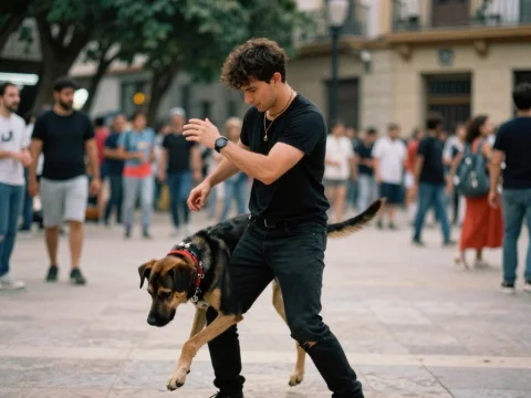Man Dancing with Dog in Urban Plaza