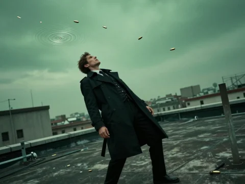 Man Dodging Bullets in Slow Motion on Rooftop