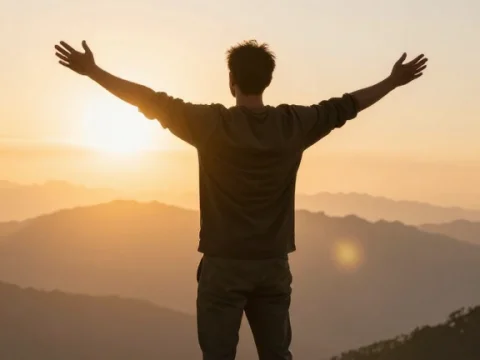 Man Embracing Sunrise on Mountain Peak