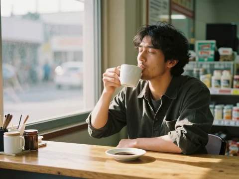 Man Enjoying Coffee in a Convenience Store