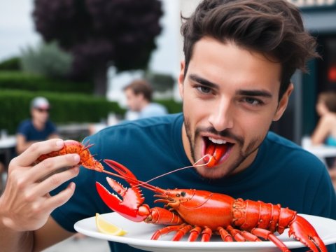 Man Enjoying Fresh Lobster at Outdoor Restaurant