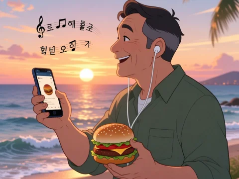 Man Enjoying Sunset with Burger and Music by the Sea