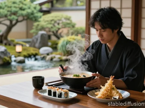 Man Enjoying Traditional Japanese Meal in Zen Garden