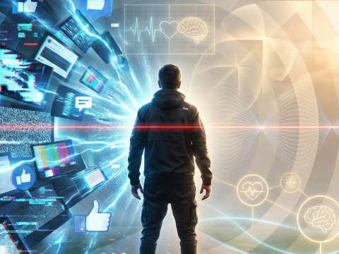 Man Facing Digital and Health Data Interface in Futuristic Scene