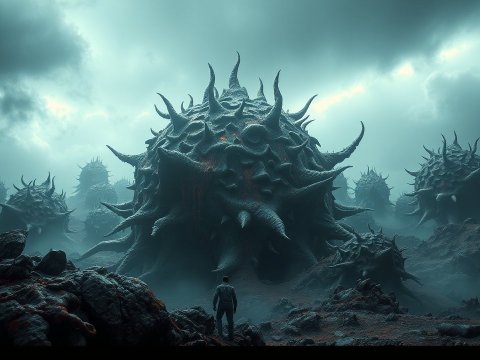 Man Facing Giant Spiked Alien Creatures in Foggy Landscape