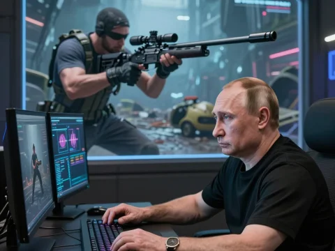 Man Focused on Gaming with Tactical Shooter Scene on Screen