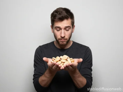 Man Holding a Pile of Pistachio Nuts in Hands