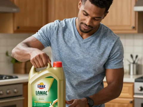 Man Holding Large Container of Cooking Oil in Kitchen
