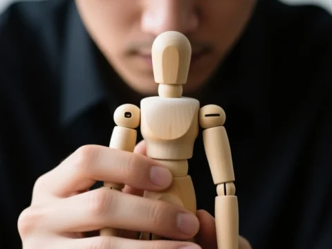 Man Holding Wooden Articulated Doll in Focused Pose
