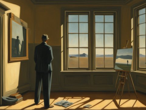 Man in a Hat Contemplating Paintings in a Sunlit Room