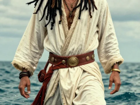 Man in Ancient Robes Walking Through Water