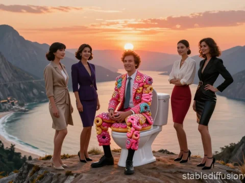 Man in Donut Suit Sitting on Toilet with Women at Sunset