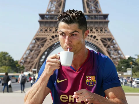 Man in Football Jersey Drinking Coffee Near Eiffel Tower