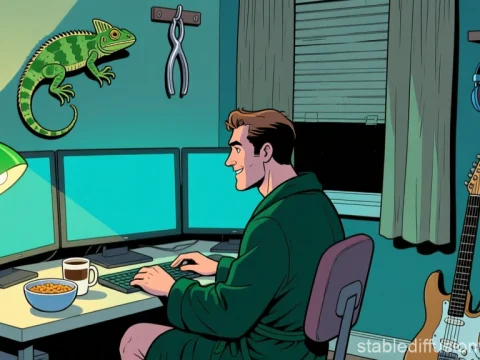 Man in Green Hoodie Working at Triple Monitor Desk