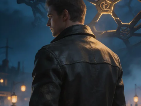 Man in Leather Coat Before a Magical Lattice at Night