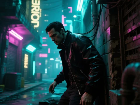 Man in Leather Jacket in Neon-Lit Cyberpunk Alley