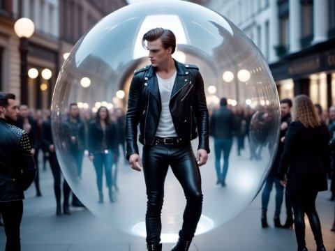 Man in Leather Jacket Inside Transparent Bubble on City Street