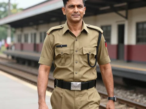Man in Police Uniform Walking at Railway Station