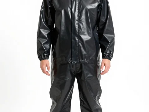 Man in Shiny Black Pig Costume with Hood and Boots