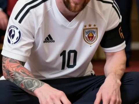 Man in Soccer Jersey Smiling with Decorative Balls on Plate
