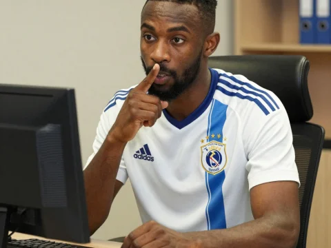 Man in Sports Jersey Concentrating at Office Desk