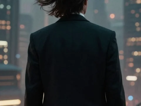 Man in Suit Facing Futuristic Cityscape at Dusk