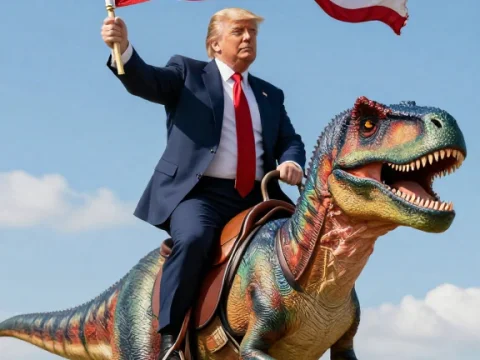 Man in Suit Riding Velociraptor Holding American Flag
