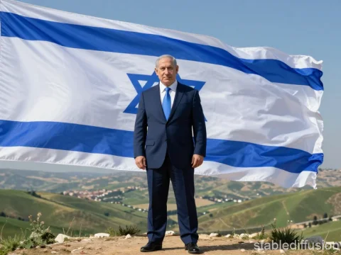 Man in Suit Standing Before Large Israeli Flag on Hill