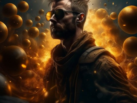 Man in Sunglasses Surrounded by Glowing Spheres