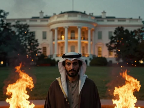 Man in Traditional Middle Eastern Attire with Fires in Front of White House