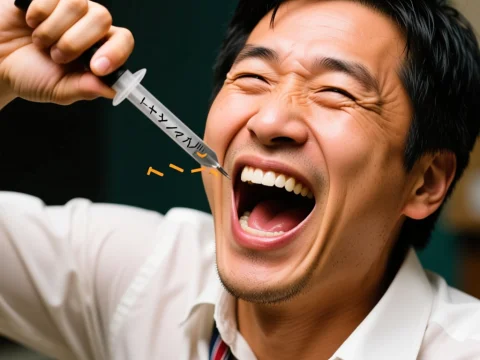 Man Laughing While Holding Syringe Near Mouth