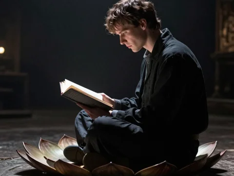 Man Meditating and Reading in Lotus Pose on Petal Platform