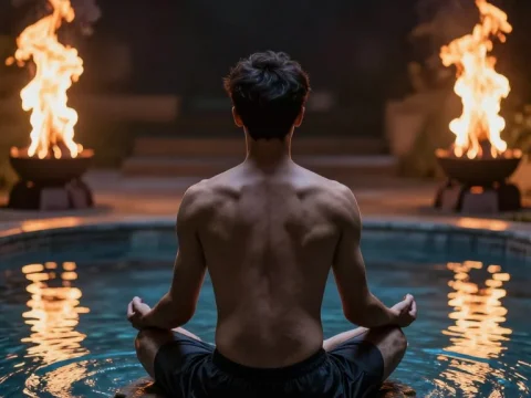 Man Meditating on Water Surrounded by Fire Bowls at Night