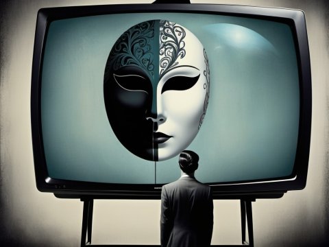Man Observing Dual-Tone Mask on Vintage TV Screen