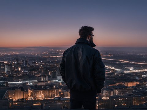 Man Overlooking Cityscape at Dusk