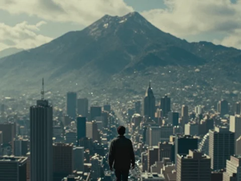 Man Overlooking Cityscape with Mountain Backdrop