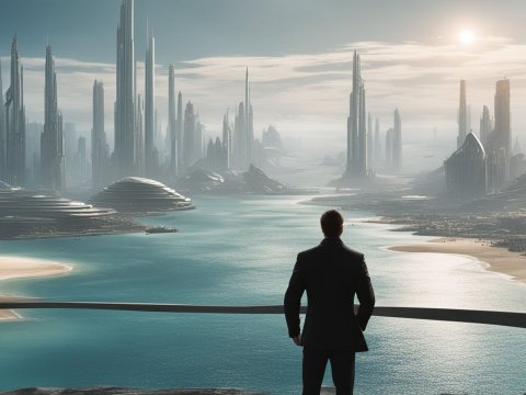 Man Overlooking Futuristic Cityscape by the Water