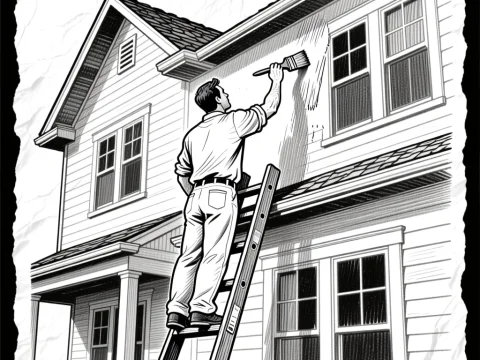 Man Painting House Exterior on Ladder
