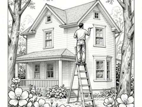 Man Painting House Exterior on Ladder