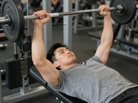 Man Performing Bench Press Exercise in Gym