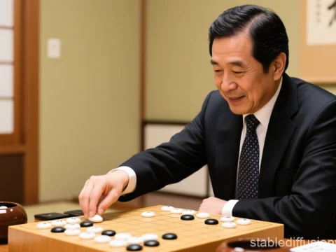 Man Playing Go in Traditional Japanese Room