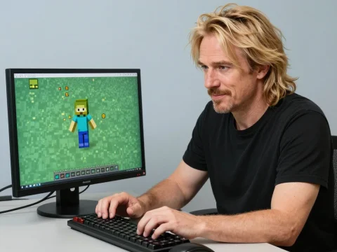 Man Playing Minecraft on Desktop Computer