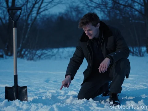 Man Pointing at Snow in Winter Forest