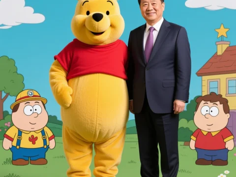 Man Posing with Winnie the Pooh Character in Cartoon Setting